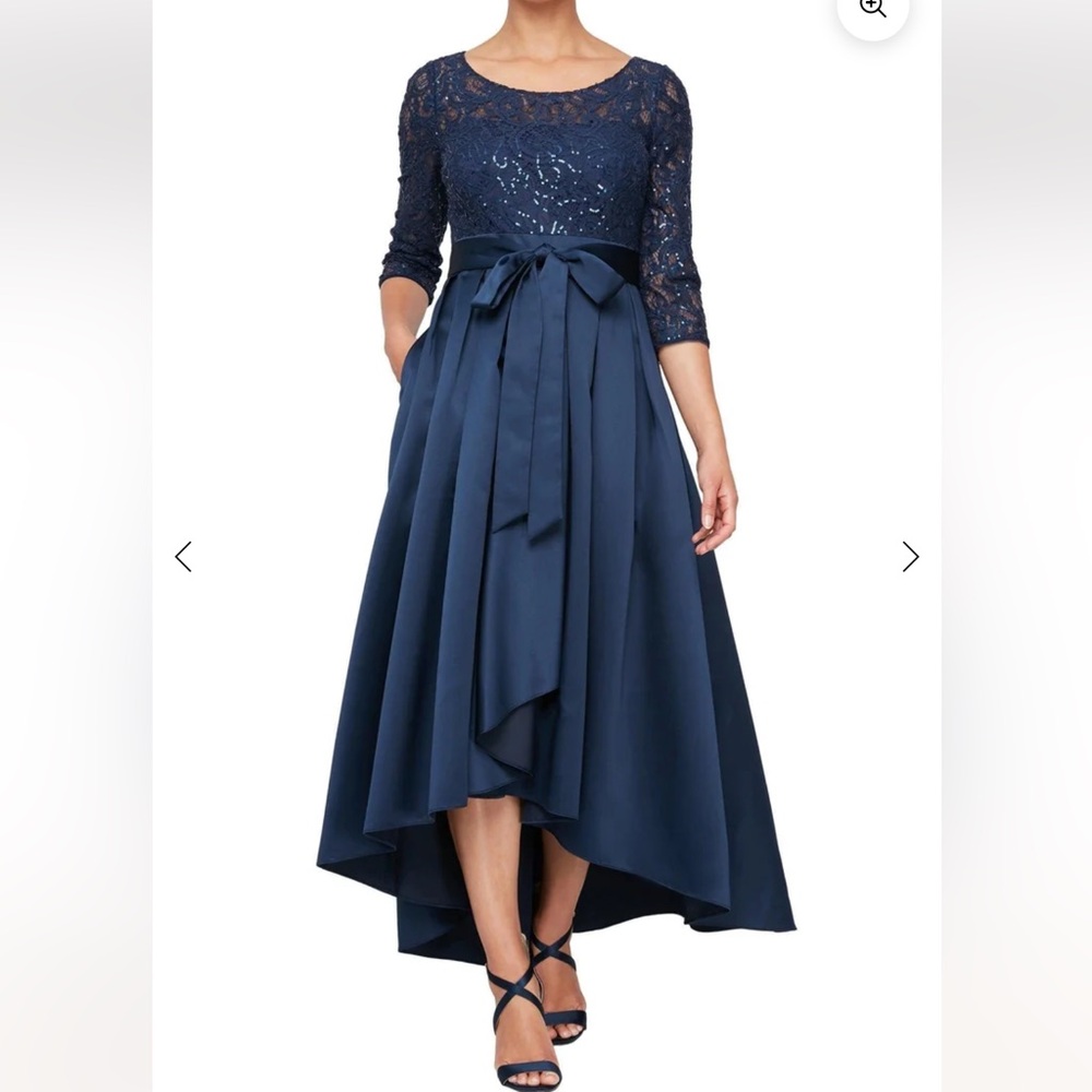 Alex Evenings Navy Lace Bodice High-Low Dress Gown Sz 16 NWOT